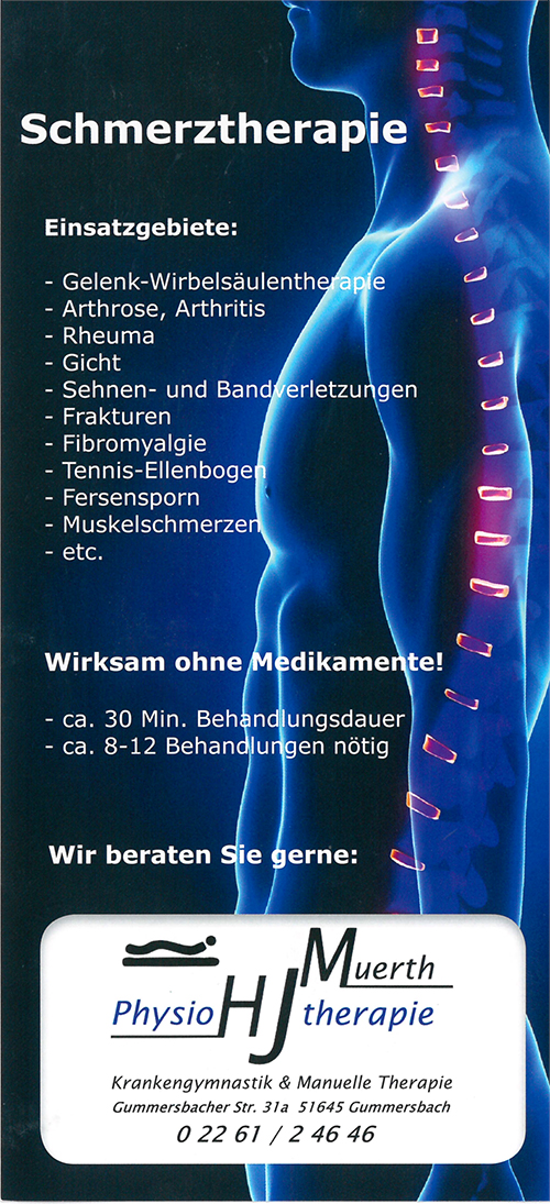 Flyer Schmerztherapie der Physiotherapiepraxis Hans-Jörg Muerth, Gummersbacher Straße 31a , 51645 Gummersbachb