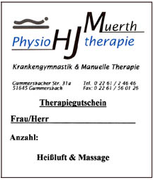Therapiegutschein der Praxis für Physiotherapie, Krankengymnastik, Manuelle Therapie · Physiotherapeut Hans-Jörg Muerth · 51645 Gummersbach